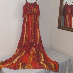 GB Boho Maxi Dress Red Orange Tribal Print Wood Beaded Summer Sz. XSmall